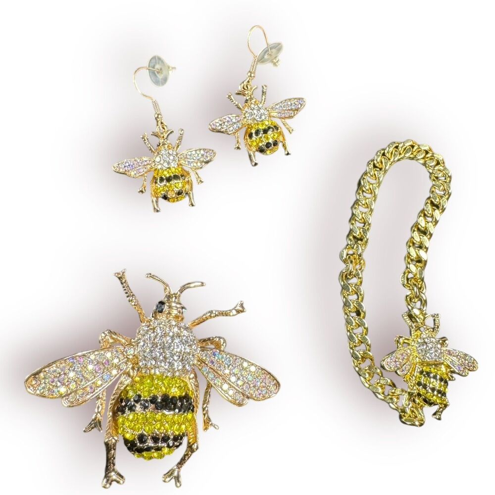 JTV Multi-color Crystal Gold Tone Bumble Bee Set Brooch, Earrings, Bracelet Rare